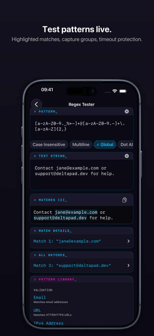 DeltaPad Regex Tester with match highlighting