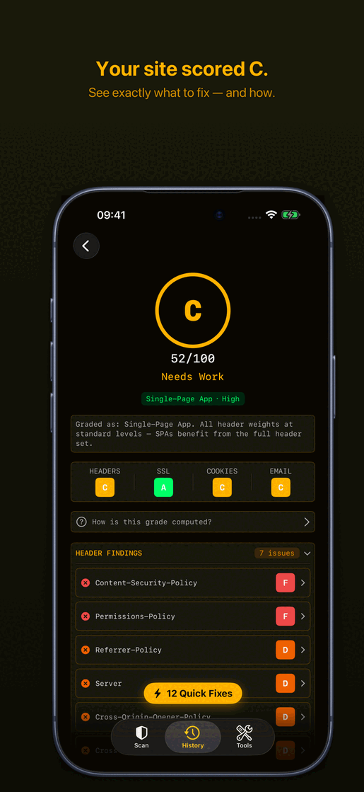 GuardPad scan results with context-sensitive C grade and site type badge