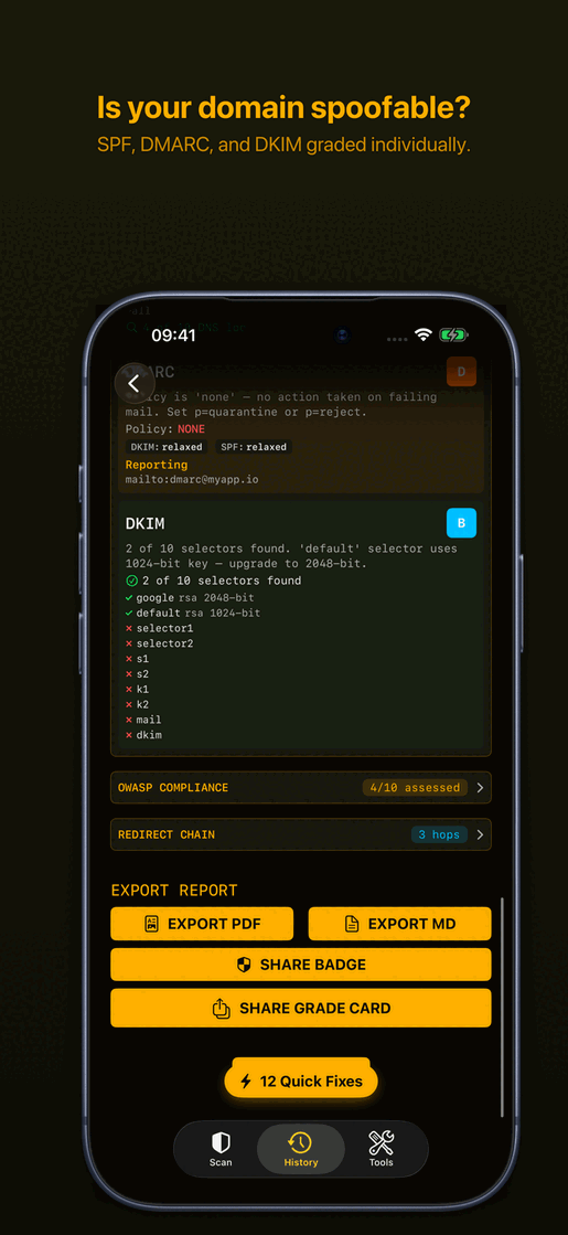 GuardPad email security: SPF, DMARC, and DKIM grading