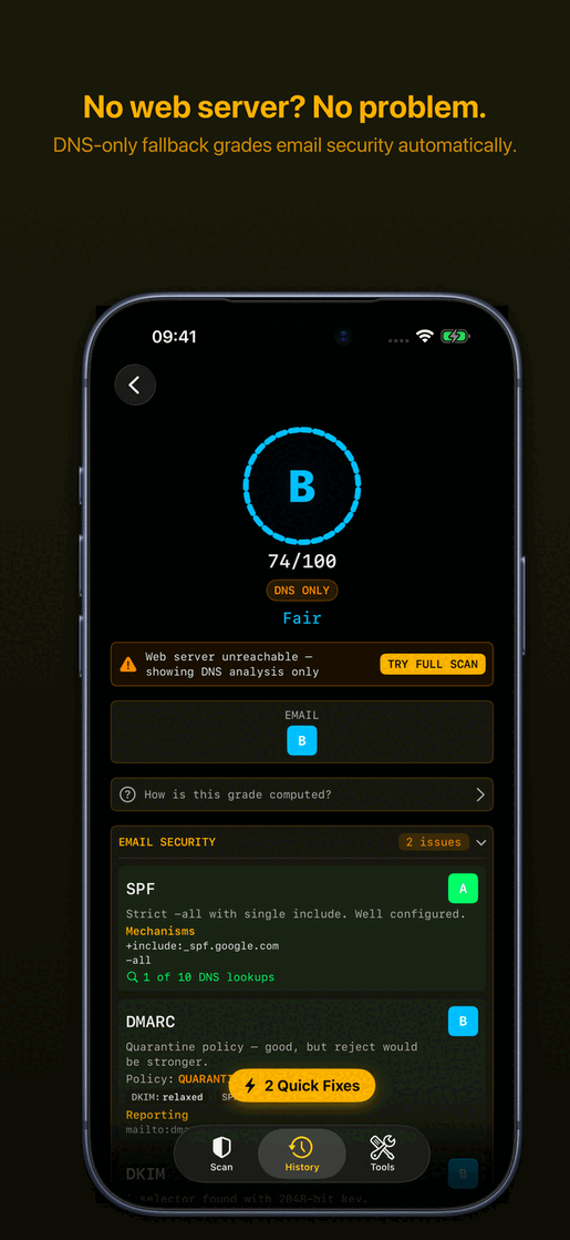 GuardPad DNS-only fallback with dashed grade ring for unreachable servers