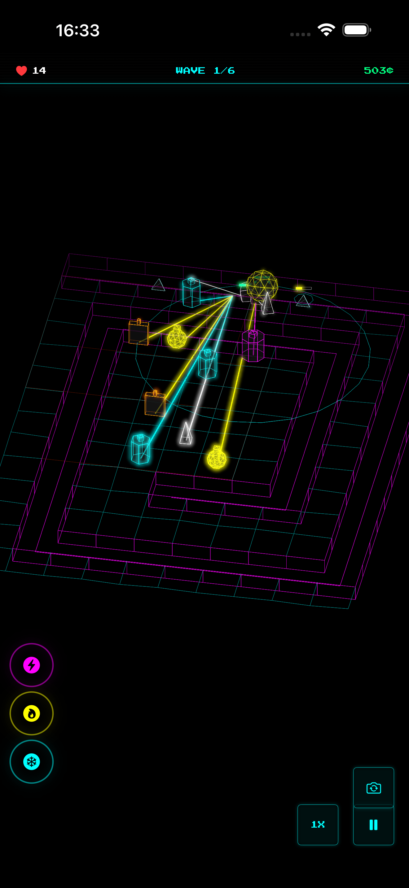 Voltline gameplay action with towers defending against an enemy wave